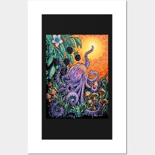 Blackberry Octopus in the mushroom patch Posters and Art